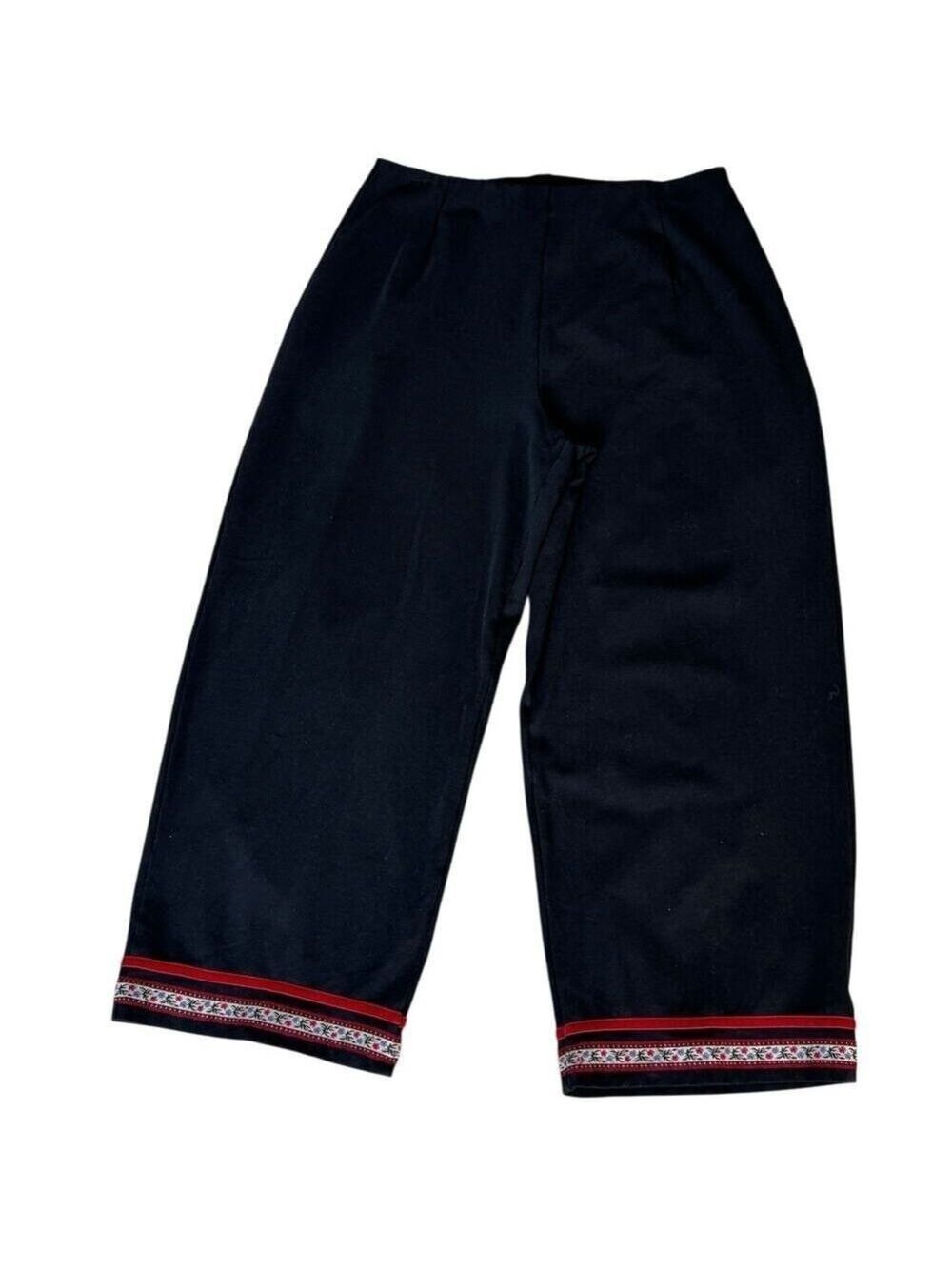 Hanna Andersson Womens XL Stretch Knit Wide Leg Pants Black Embroidered Hem USA
